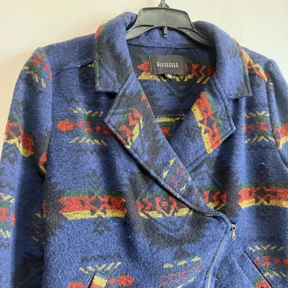 Blu Pepper Southwestern Aztec Print Moto Jacket Blue Medium BoHo Tribal - Picture 2 of 8